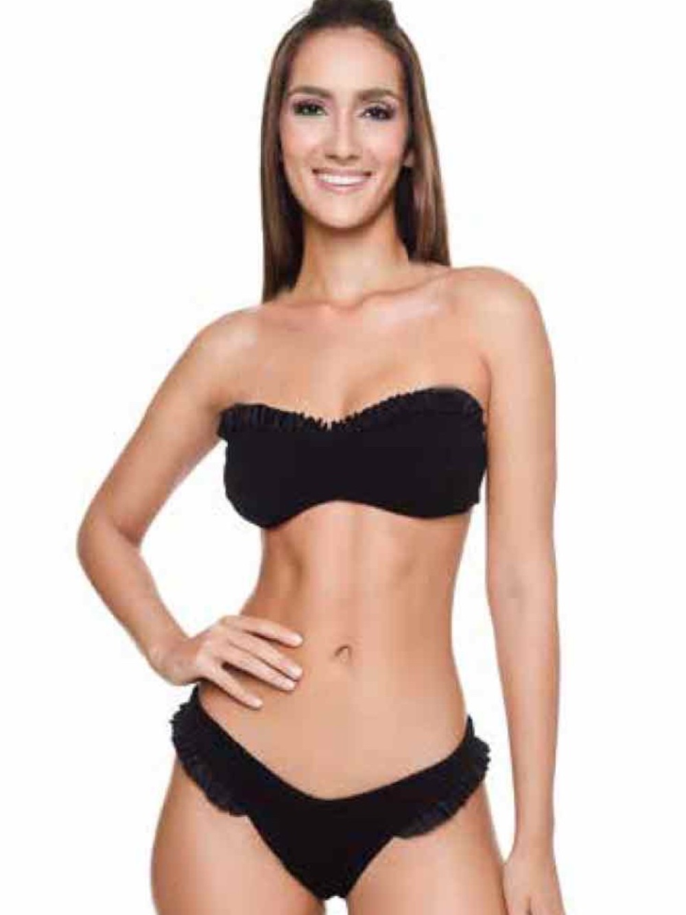 Brand  New Despi Black Ribbed Bikini Set | Bandeau Ruffle Top | Ruffle Bottom